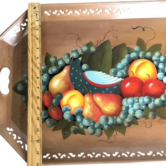 VTG Hand Painted Tin Serving Tray Fruit Grapes Bird Signed Joan 22" x 16" Heavy - Picture 4 of 7